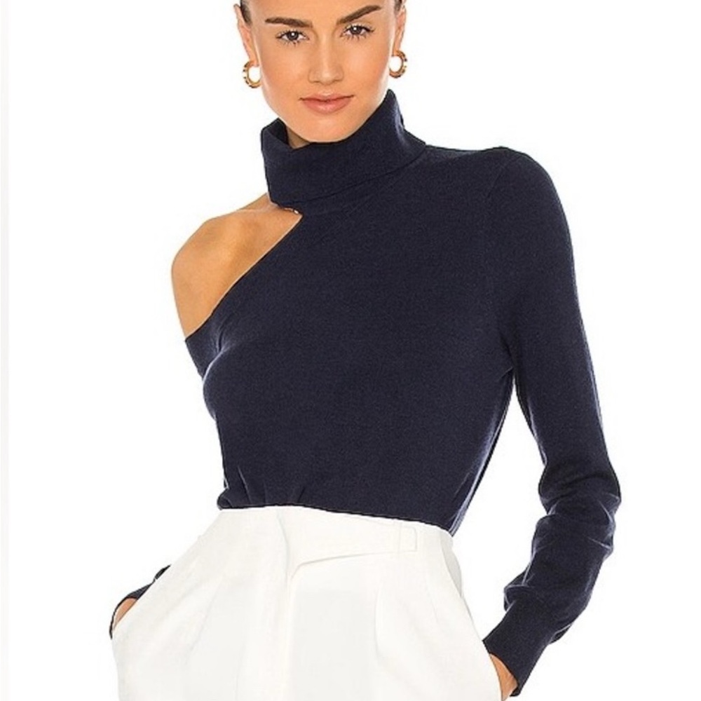 L'AGENCE Blue Off-the-Shoulder Sweater Asymmetrical Design